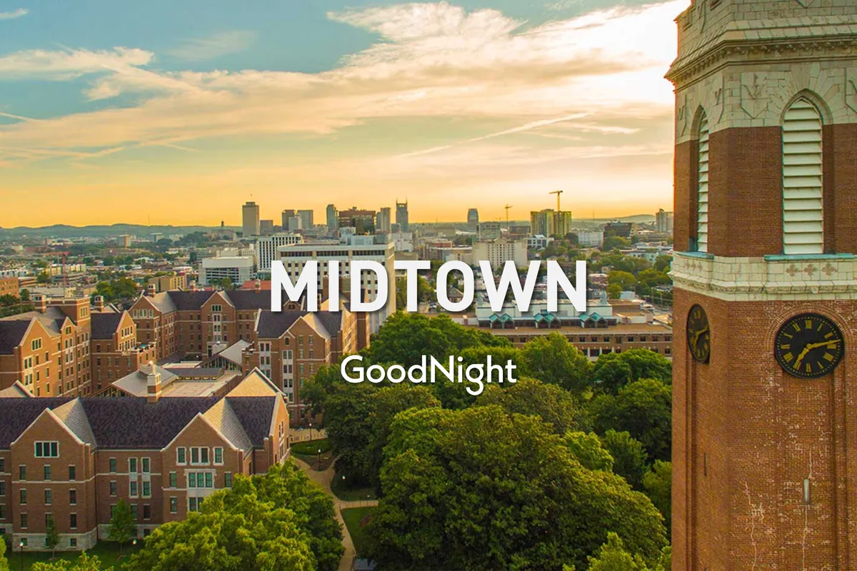 A panoramic view of the Nashville city skyline, mingling historical architecture and lush green trees. The scene suggests an inviting cityscape ideal for exploration, with soft evening light hinting at a vibrant yet tranquil urban atmosphere.